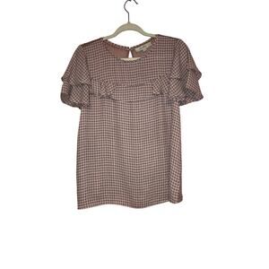 LOFT Pink Geo Print Ruffle Short Sleeve Blouse Size Small
